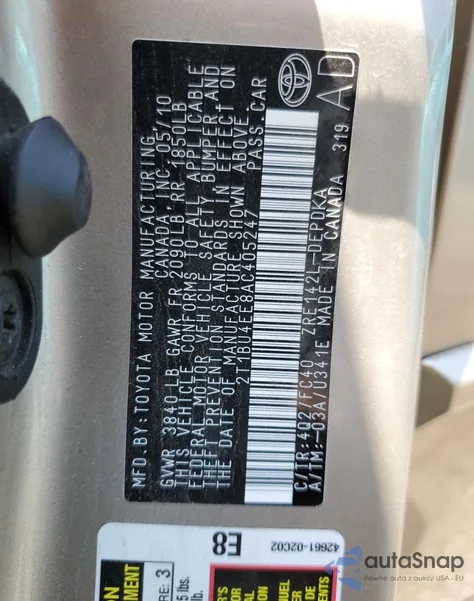 2010 Toyota Corolla Base z USA, uszkodzony, nr VIN 2T1BU4EE8AC405247